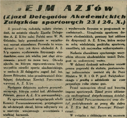 Sejm AZS-ów (Zjazd delegatów Akademickich Związków Sportowych 23 i 24 X), „Dekada" nr 3 z 31. X. – 10. XI. 1937 r., s. 3.